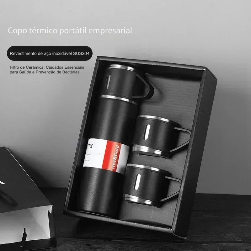 Kit Garrafa Térmica 500ml + 3 Xícaras – Mantém Bebidas Quentes e é Ótimo para Presentear