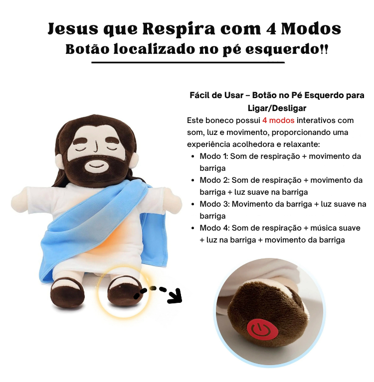 Pelúcia Jesus Calmante 40cm – Luz, Música e Respiração Suave