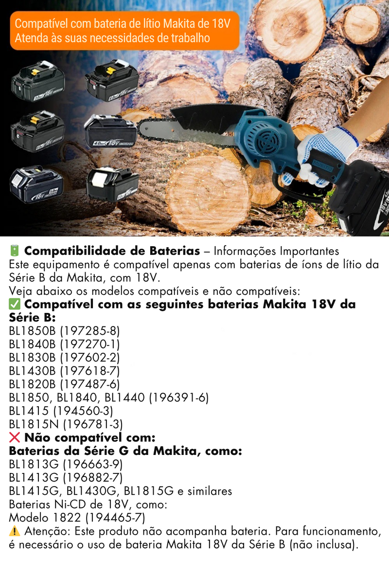 Mini Motosserra Elétrica 6” Compatível Makita 18V – Portátil e Potente