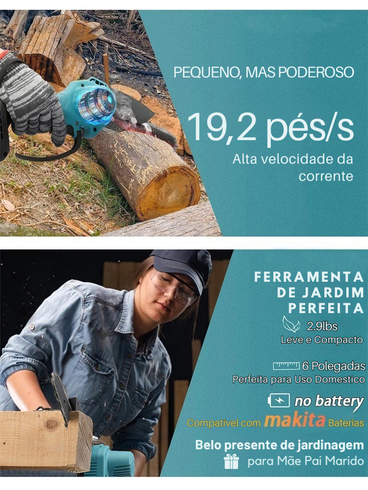 Mini Motosserra Elétrica 6” Compatível Makita 18V – Portátil e Potente