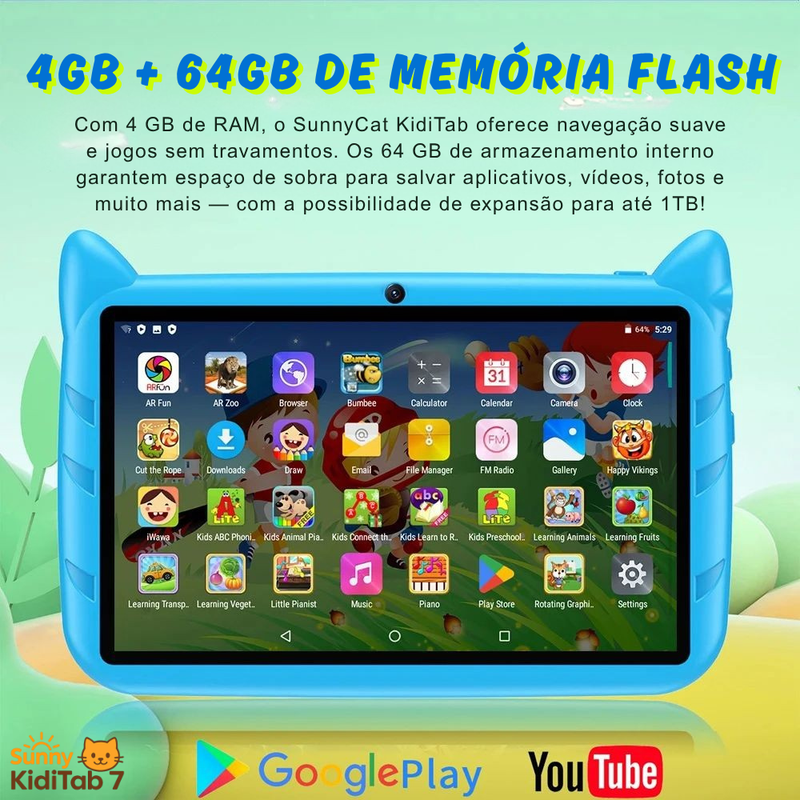 Tablet Infantil SunnyCat KidiTab 7” – Android 13, 4GB+64GB, Wi-Fi 5G e Brinde Capinha
