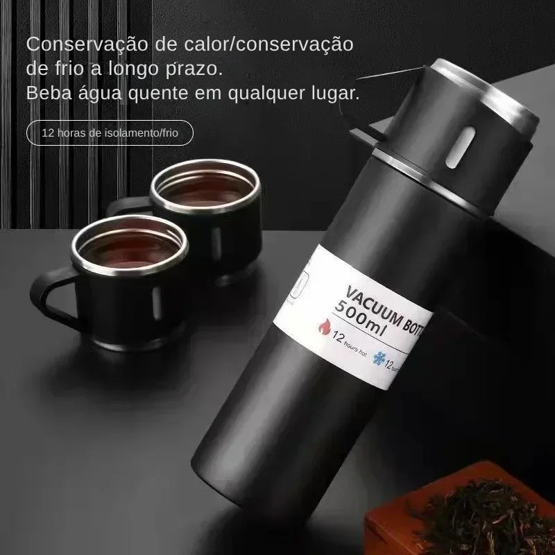 Kit Garrafa Térmica 500ml + 3 Xícaras – Mantém Bebidas Quentes e é Ótimo para Presentear