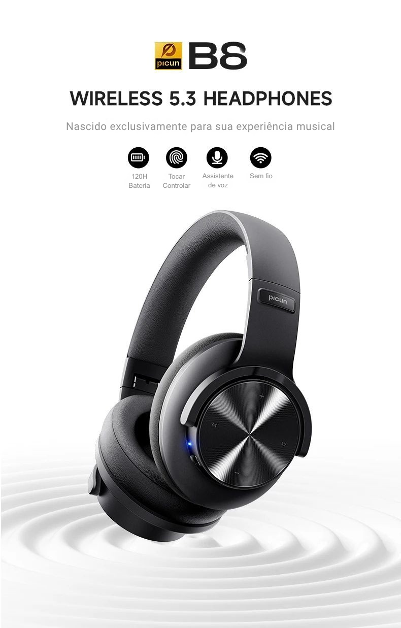 Fone Bluetooth Picun B8 – Som Hi-Fi, 120h de Bateria e Conforto Over-Ear