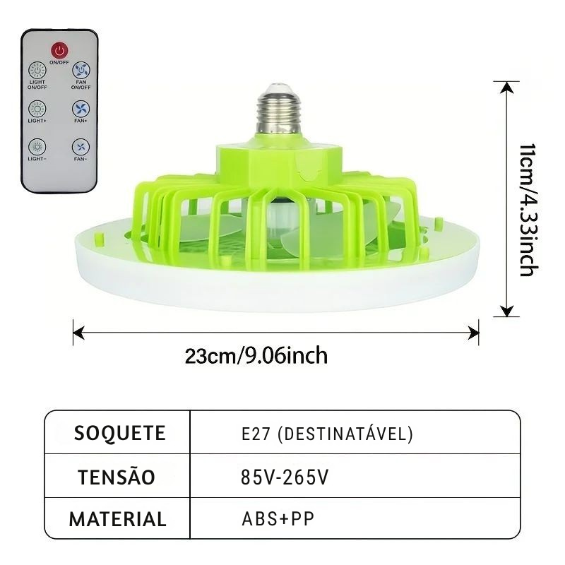 Lâmpada com Ventilador, Luz LED Ajustável e Controle Remoto