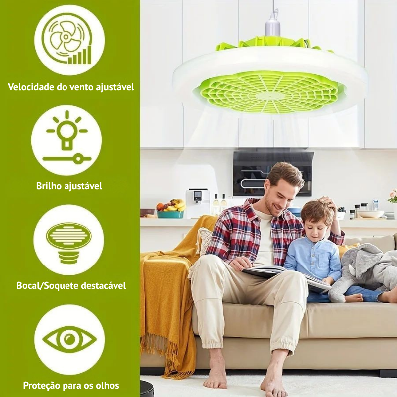 Lâmpada com Ventilador, Luz LED Ajustável e Controle Remoto