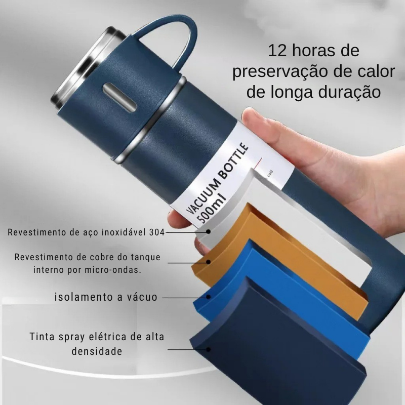 Kit Garrafa Térmica 500ml + 3 Xícaras – Mantém Bebidas Quentes e é Ótimo para Presentear