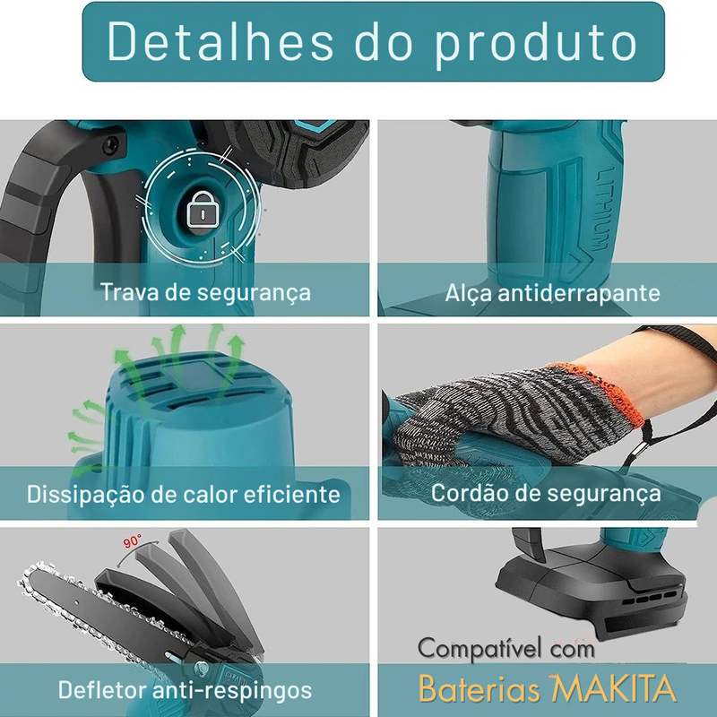 Mini Motosserra Elétrica 6” Compatível Makita 18V – Portátil e Potente