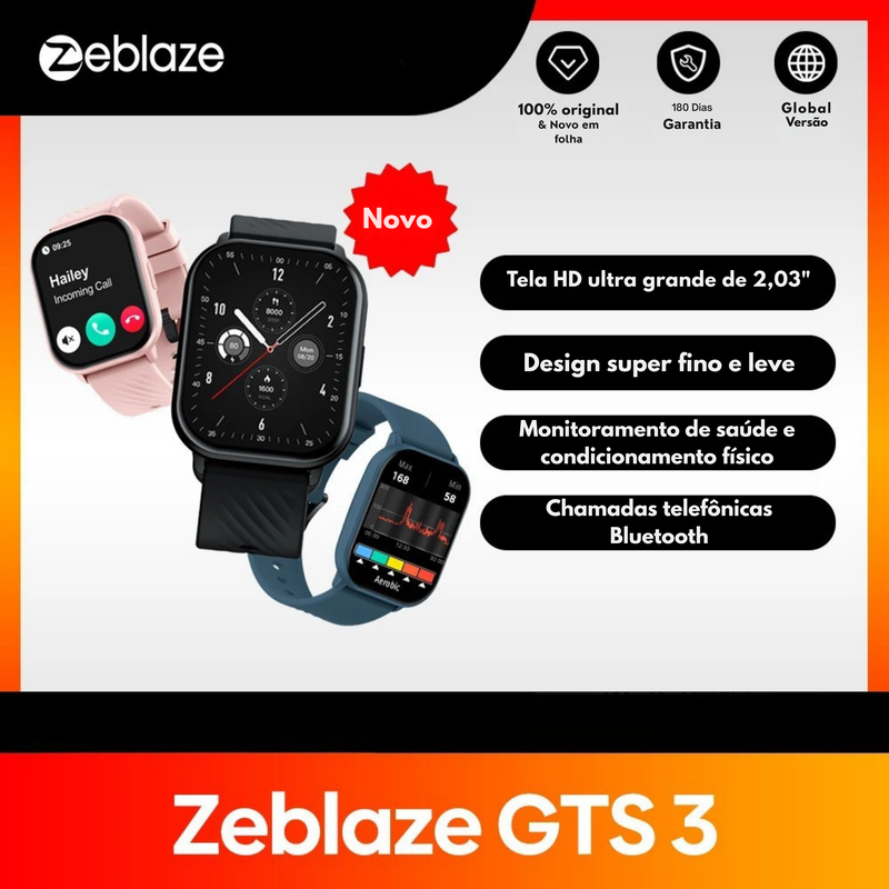 Smartwatch Zeblaze GTS 3 com Chamadas, Tela HD e +100 Modos Esportivos