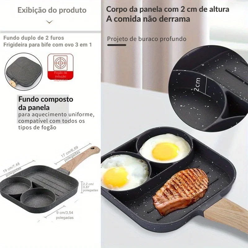 Frigideira de Mármore Antiaderente 3 Divisórias – Prepare Vários Pratos ao Mesmo Tempo