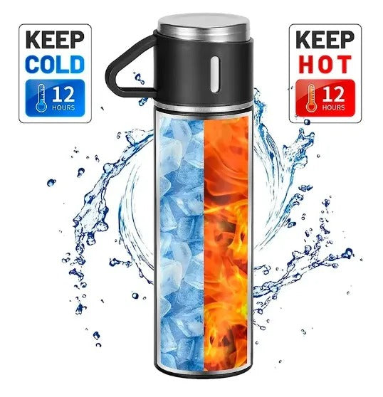 Kit Garrafa Térmica 500ml + 3 Xícaras – Mantém Bebidas Quentes e é Ótimo para Presentear