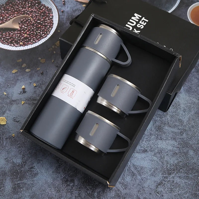 Kit Garrafa Térmica 500ml + 3 Xícaras – Mantém Bebidas Quentes e é Ótimo para Presentear
