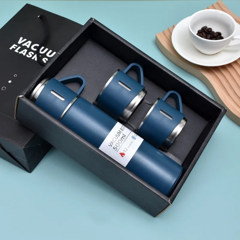 Kit Garrafa Térmica 500ml + 3 Xícaras – Mantém Bebidas Quentes e é Ótimo para Presentear