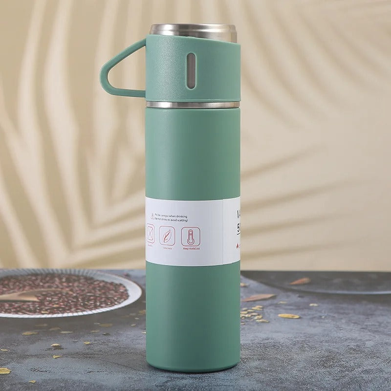 Kit Garrafa Térmica 500ml + 3 Xícaras – Mantém Bebidas Quentes e é Ótimo para Presentear