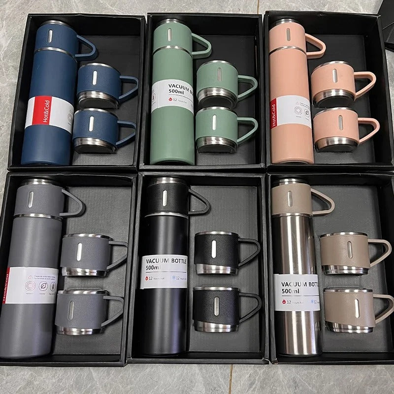 Kit Garrafa Térmica 500ml + 3 Xícaras – Mantém Bebidas Quentes e é Ótimo para Presentear