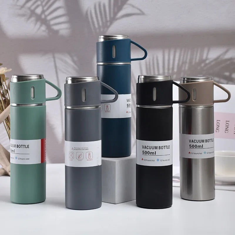 Kit Garrafa Térmica 500ml + 3 Xícaras – Mantém Bebidas Quentes e é Ótimo para Presentear