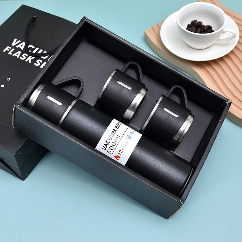 Kit Garrafa Térmica 500ml + 3 Xícaras – Mantém Bebidas Quentes e é Ótimo para Presentear
