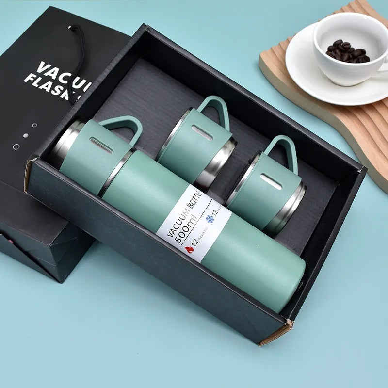 Kit Garrafa Térmica 500ml + 3 Xícaras – Mantém Bebidas Quentes e é Ótimo para Presentear