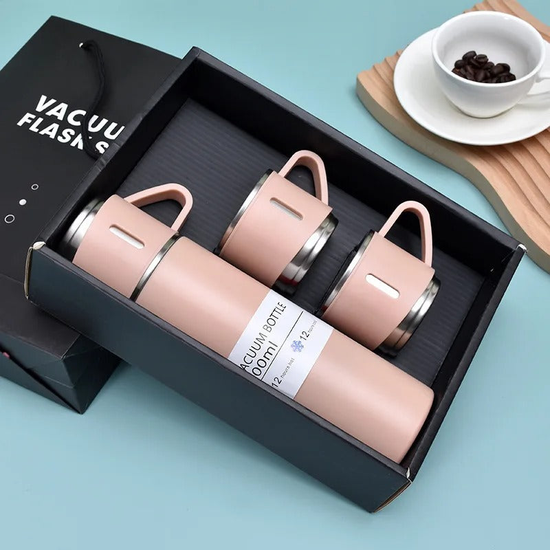 Kit Garrafa Térmica 500ml + 3 Xícaras – Mantém Bebidas Quentes e é Ótimo para Presentear