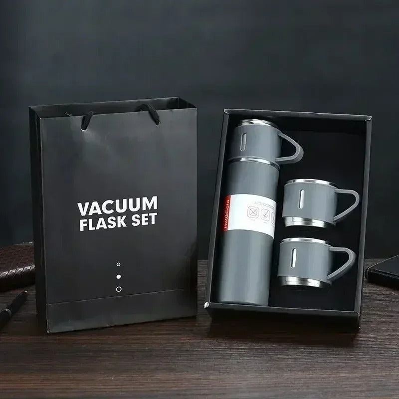 Kit Garrafa Térmica 500ml + 3 Xícaras – Mantém Bebidas Quentes e é Ótimo para Presentear