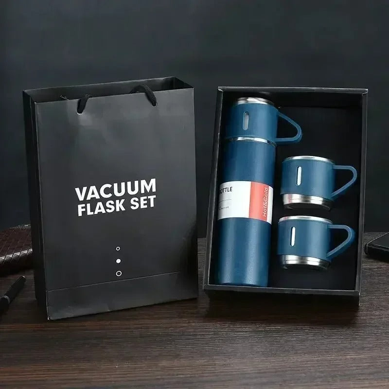 Kit Garrafa Térmica 500ml + 3 Xícaras – Mantém Bebidas Quentes e é Ótimo para Presentear