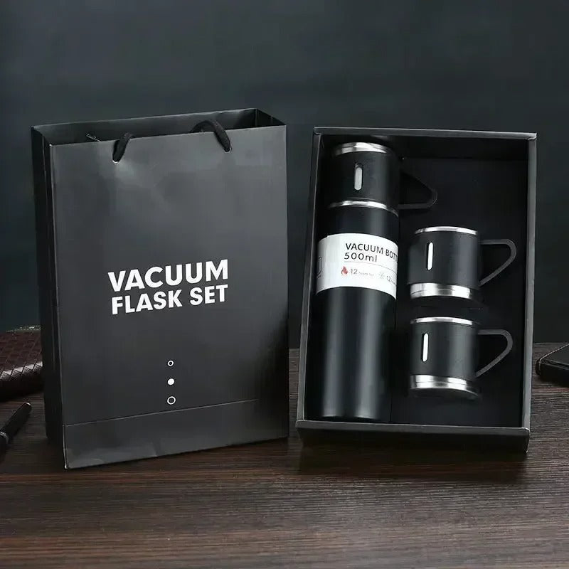 Kit Garrafa Térmica 500ml + 3 Xícaras – Mantém Bebidas Quentes e é Ótimo para Presentear