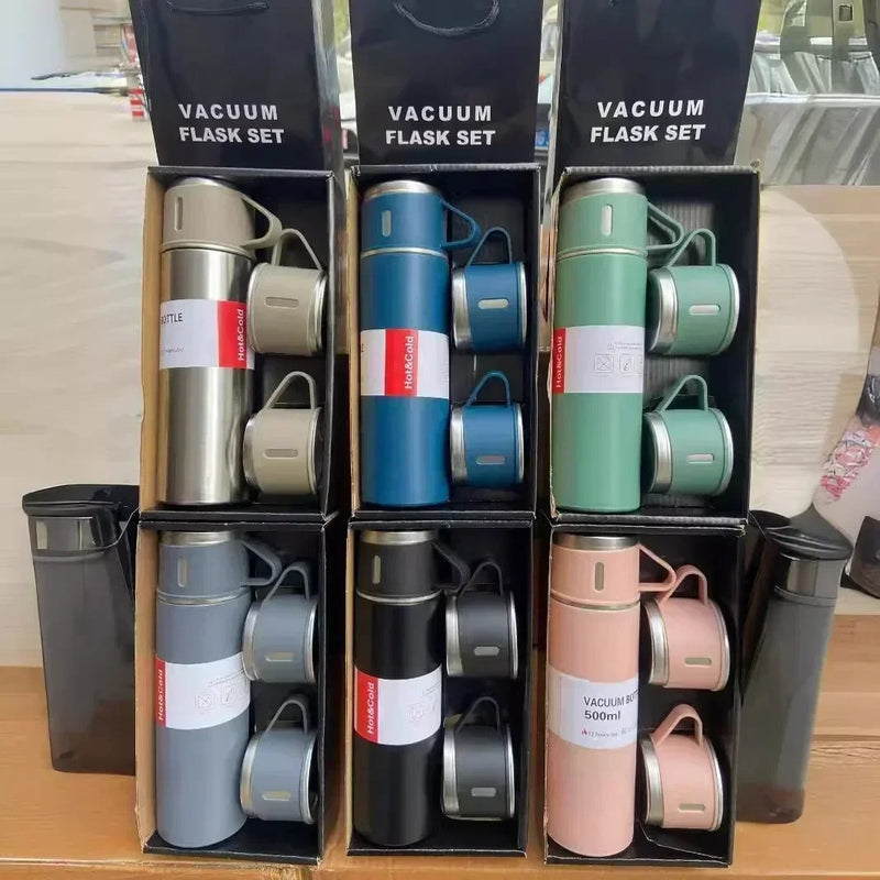 Kit Garrafa Térmica 500ml + 3 Xícaras – Mantém Bebidas Quentes e é Ótimo para Presentear