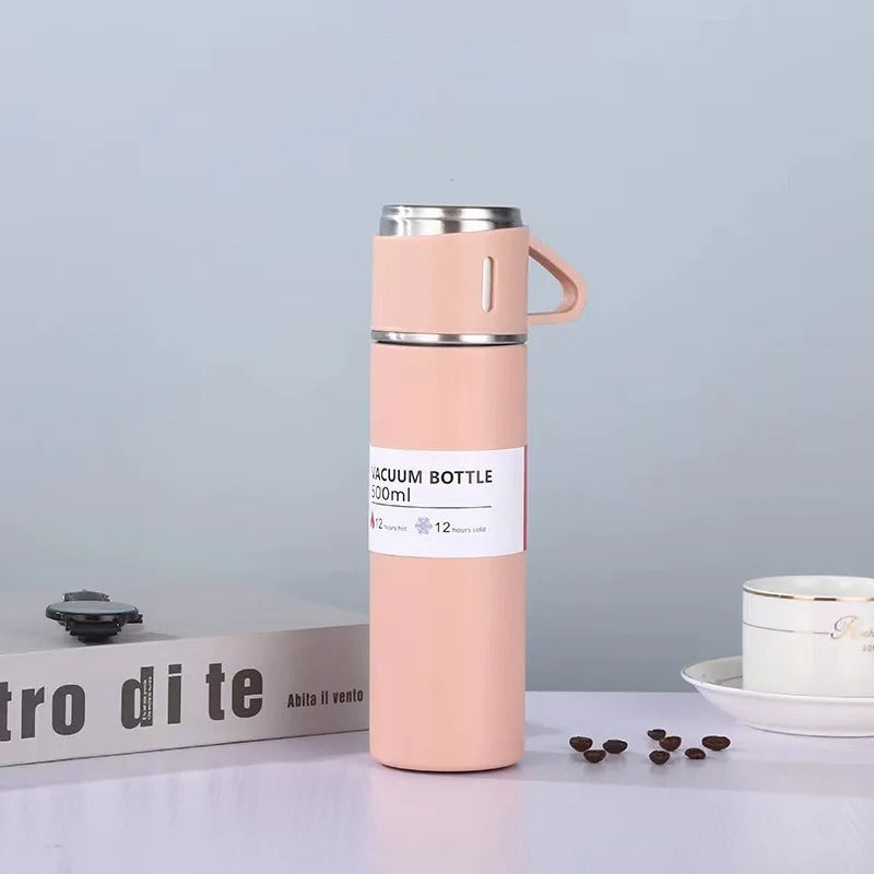 Kit Garrafa Térmica 500ml + 3 Xícaras – Mantém Bebidas Quentes e é Ótimo para Presentear