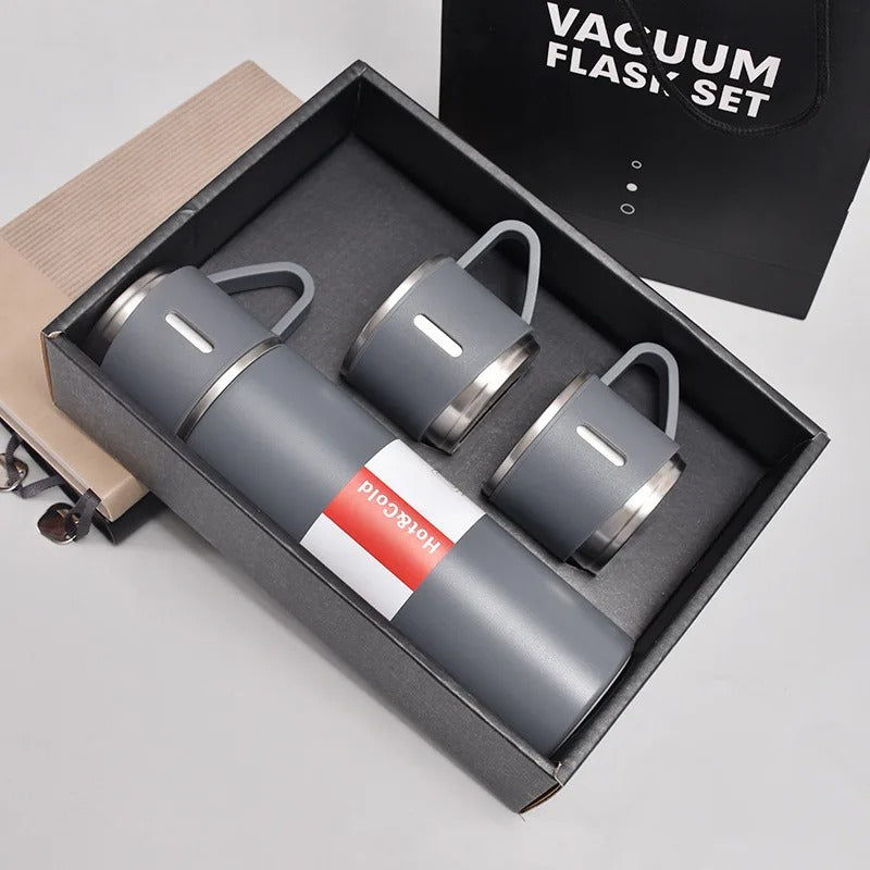 Kit Garrafa Térmica 500ml + 3 Xícaras – Mantém Bebidas Quentes e é Ótimo para Presentear