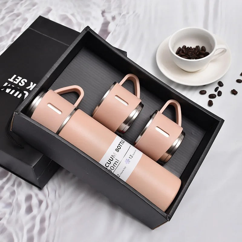 Kit Garrafa Térmica 500ml + 3 Xícaras – Mantém Bebidas Quentes e é Ótimo para Presentear